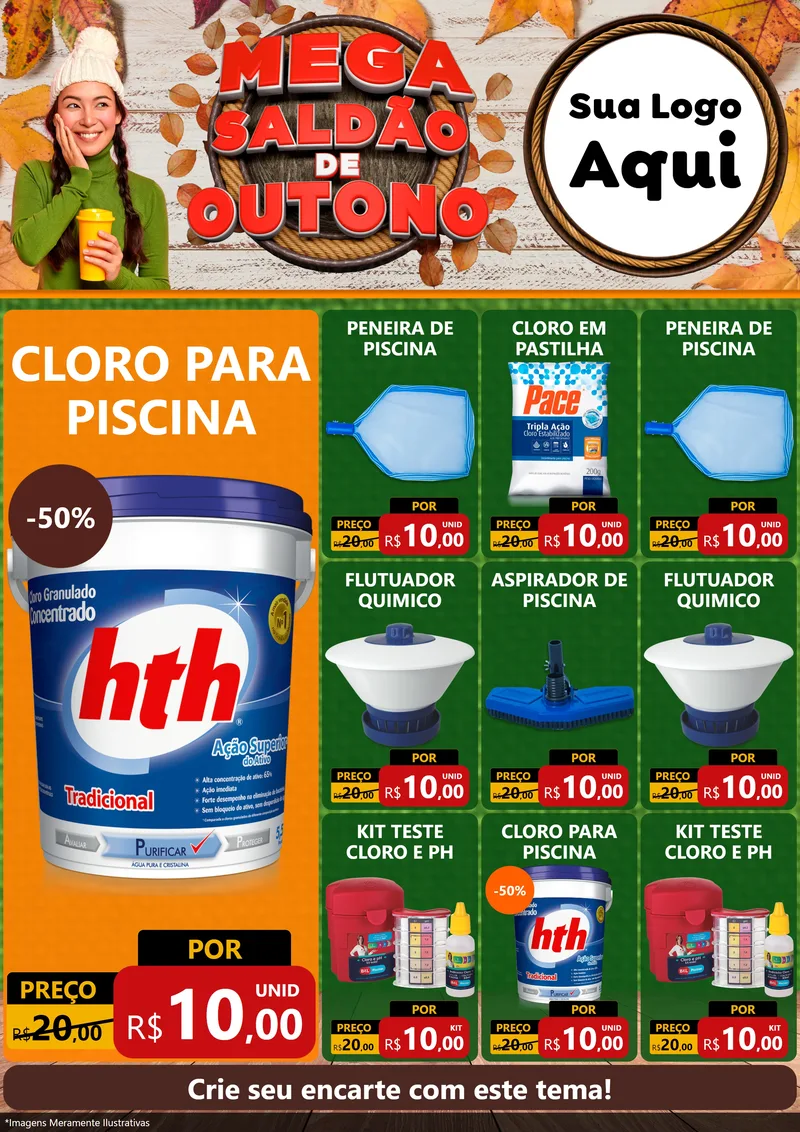 Modelo de Encarte para Encarte A4 Vertical com o tema Mega Saldão de Outono para Produtos para Piscina