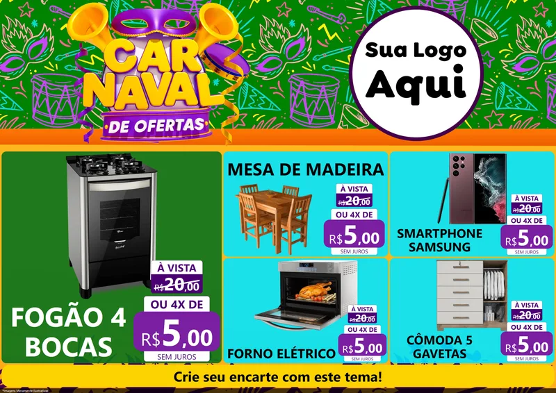 Modelo de Encarte para Encarte A4 Horizontal com o tema Carnaval de Ofertas para Móveis e Eletro