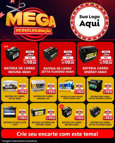 Modelo de Rede Social para Feed Instagram com o tema Mega Reinauguração para Baterias Elétricas