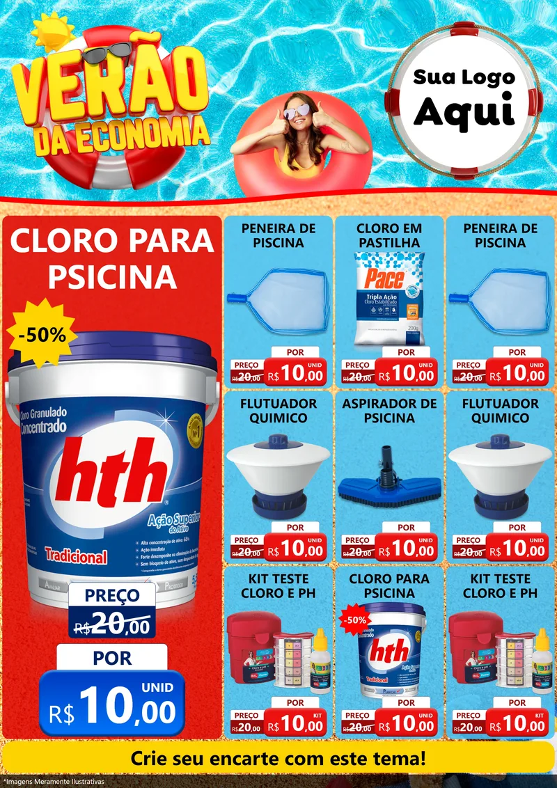 Modelo de Encarte para Encarte A4 Vertical com o tema Verão da Economia para Produtos para Piscina