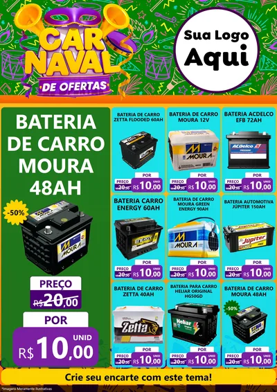 Modelo de Encarte para Encarte A4 Vertical com o tema Carnaval de Ofertas para Baterias Elétricas
