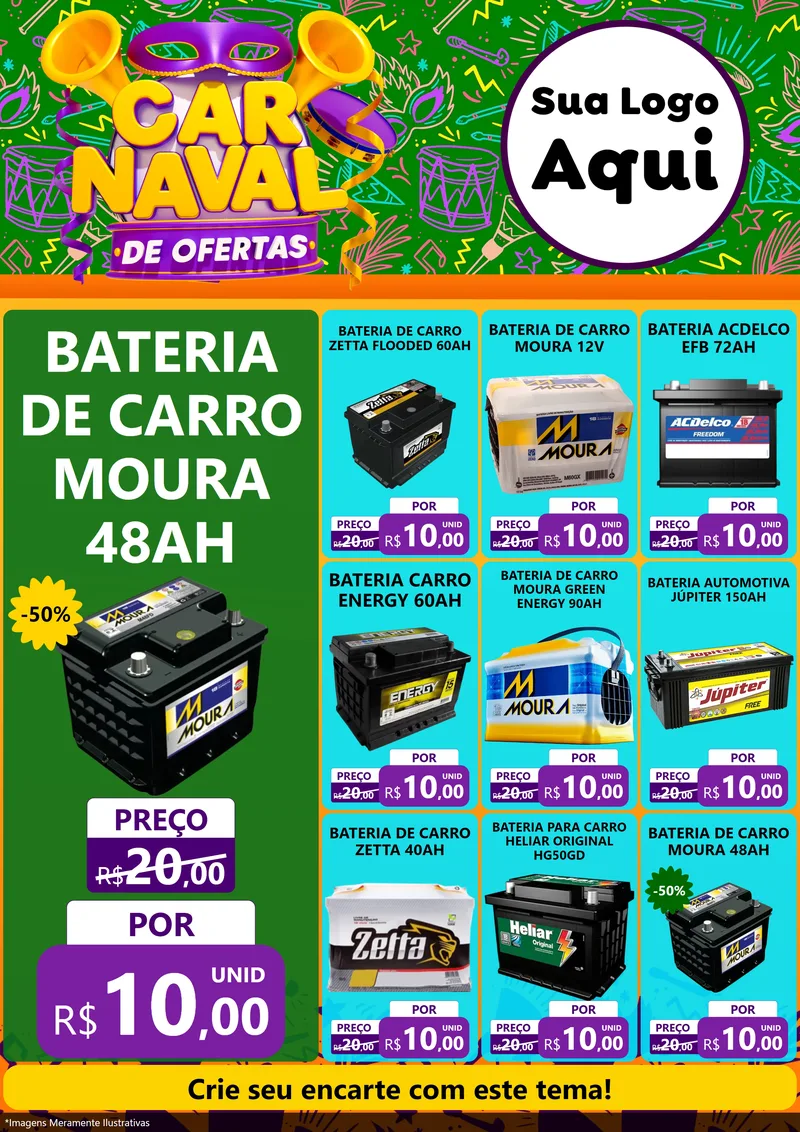 Modelo de Encarte para Encarte A4 Vertical com o tema Carnaval de Ofertas para Baterias Elétricas