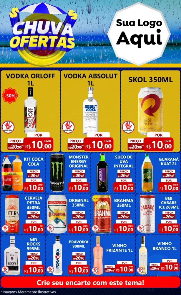 Modelo de Encarte para Encarte Grande com o tema Chuva de Ofertas para Distribuidora de bebidas