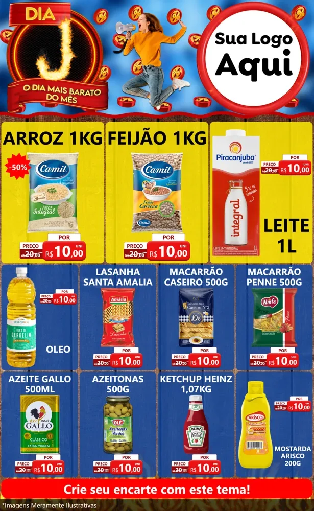 Modelo de Encarte para Encarte Grande com o tema Dia J - O Dia Mais Barato Do Mês para Supermercado