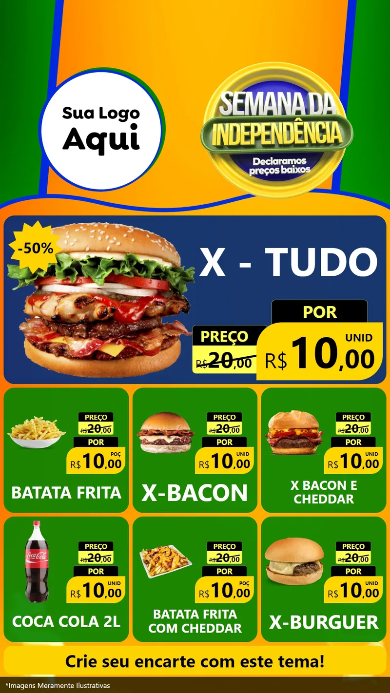 Modelo de Rede Social para Stories com o tema Semana da Independência Declaramos Preços Baixos para Hamburgueria