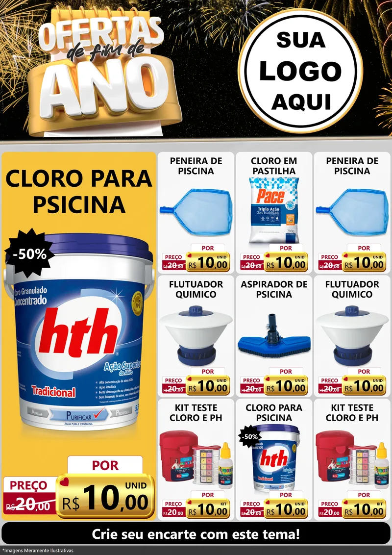 Modelo de Encarte para Encarte A4 Vertical com o tema Ofertas de Fim de Ano para Produtos para Piscina