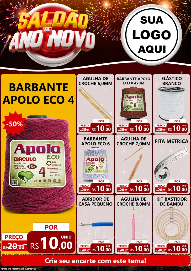 Modelo de Encarte para Encarte A4 Vertical com o tema Saldão de Ano Novo para Armarinho e Aviamentos