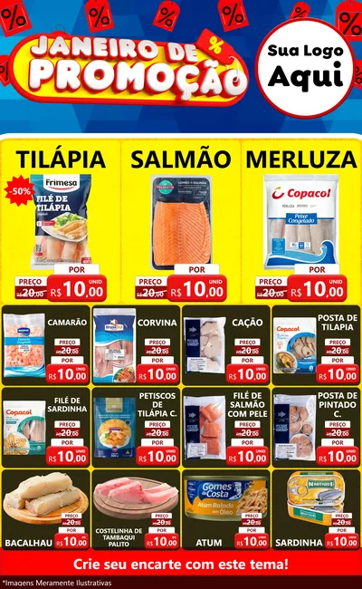 Modelo de Encarte para Encarte Grande com o tema Janeiro de Promoção para Peixaria