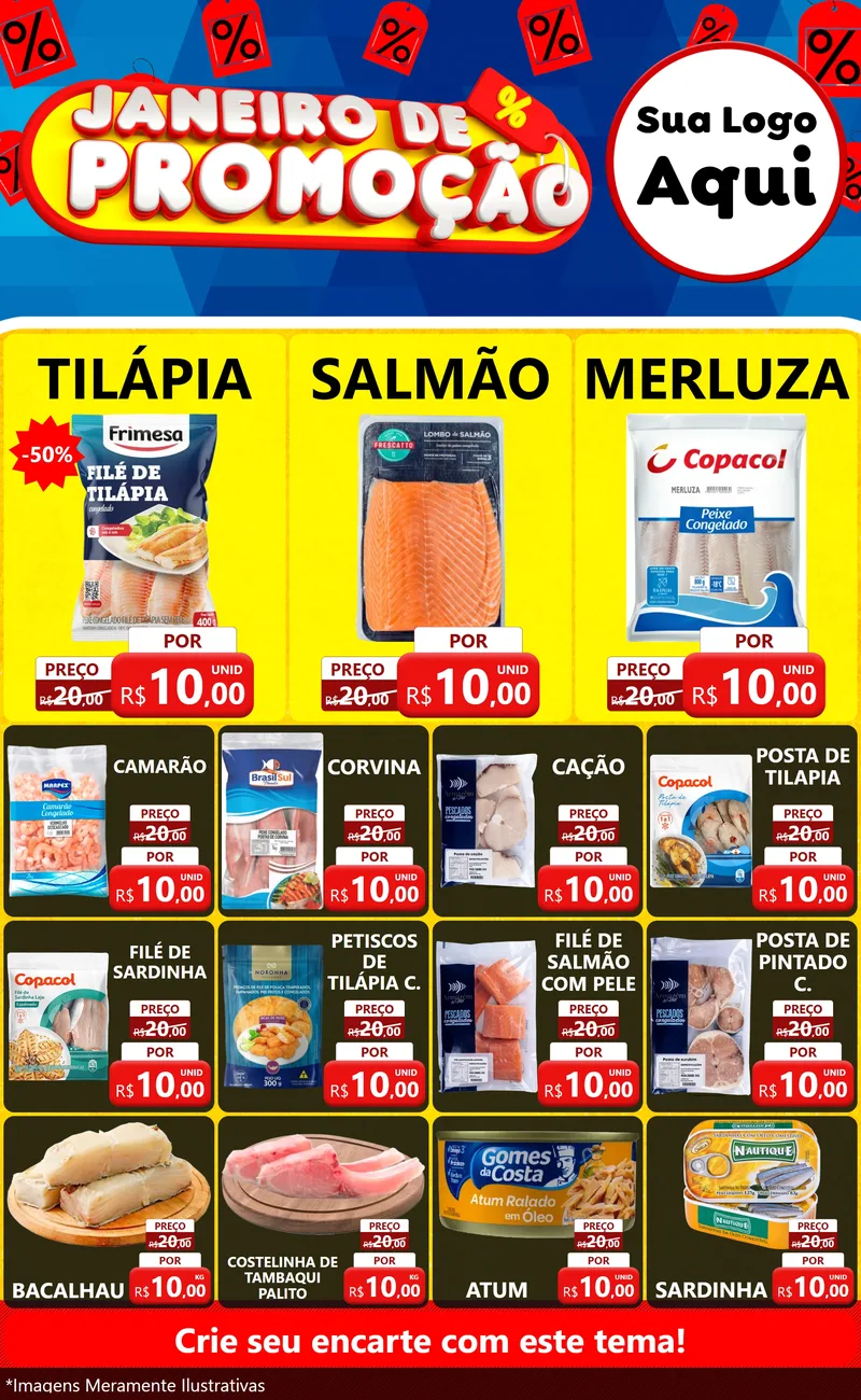Modelo de Encarte para Encarte Grande com o tema Janeiro de Promoção para Peixaria
