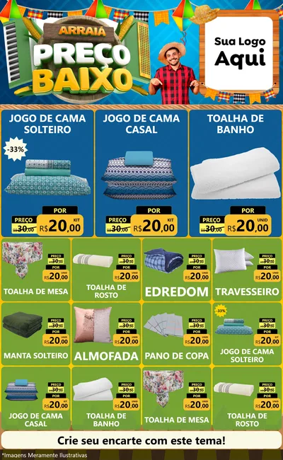 Modelo de Encarte para Encarte Grande com o tema Arraiá de Preço Baixo - Junina para Cama, Mesa e Banho