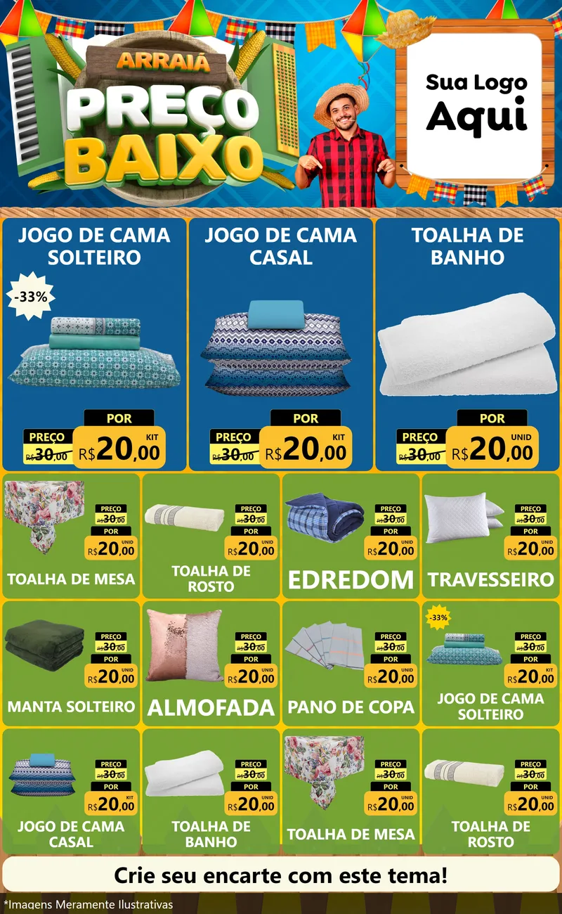 Modelo de Encarte para Encarte Grande com o tema Arraiá de Preço Baixo - Junina para Cama, Mesa e Banho