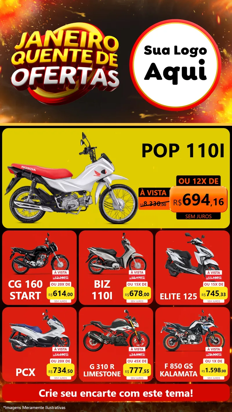 Modelo de Rede Social para Stories com o tema Janeiro Quente de Ofertas para Concessionaria de Motos