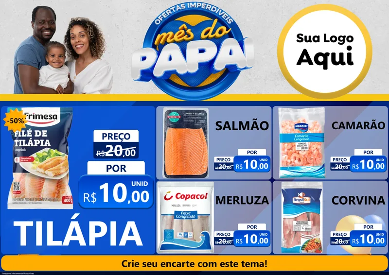 Modelo de Encarte para Encarte A4 Horizontal com o tema Ofertas Imperdíveis Mês Do Papai para Peixaria
