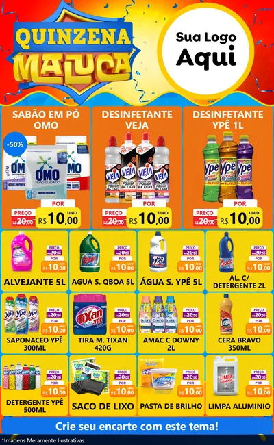Modelo de Encarte para Encarte Grande com o tema Quinzena Maluca para Produtos de Limpeza