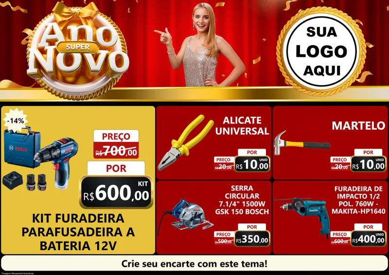 Modelo de Encarte para Encarte A4 Horizontal com o tema Super Ano Novo para Maquinas e Ferramentas