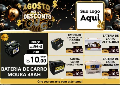 Modelo de Encarte para Encarte A4 Horizontal com o tema Agosto Mês do Desconto Louco para Baterias Elétricas