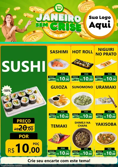 Modelo de Encarte para Encarte A4 Vertical com o tema Janeiro Sem Crise para Comida japonesa