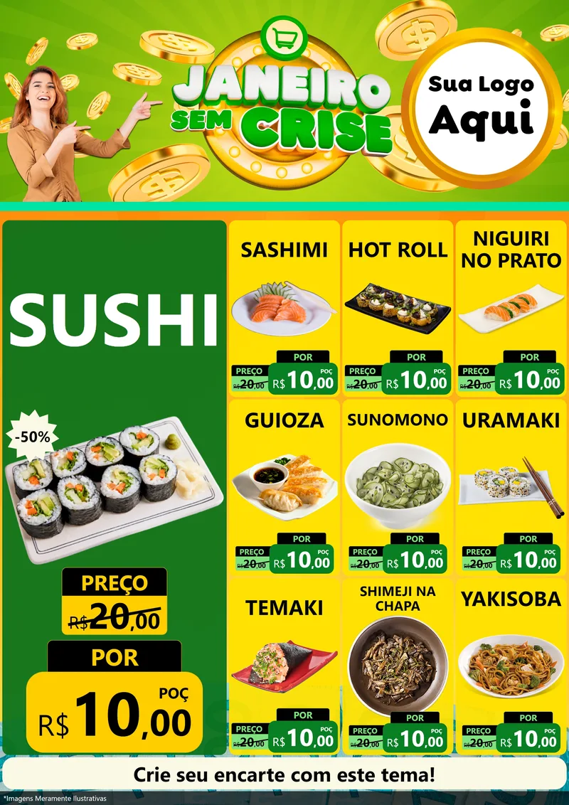 Modelo de Encarte para Encarte A4 Vertical com o tema Janeiro Sem Crise para Comida japonesa