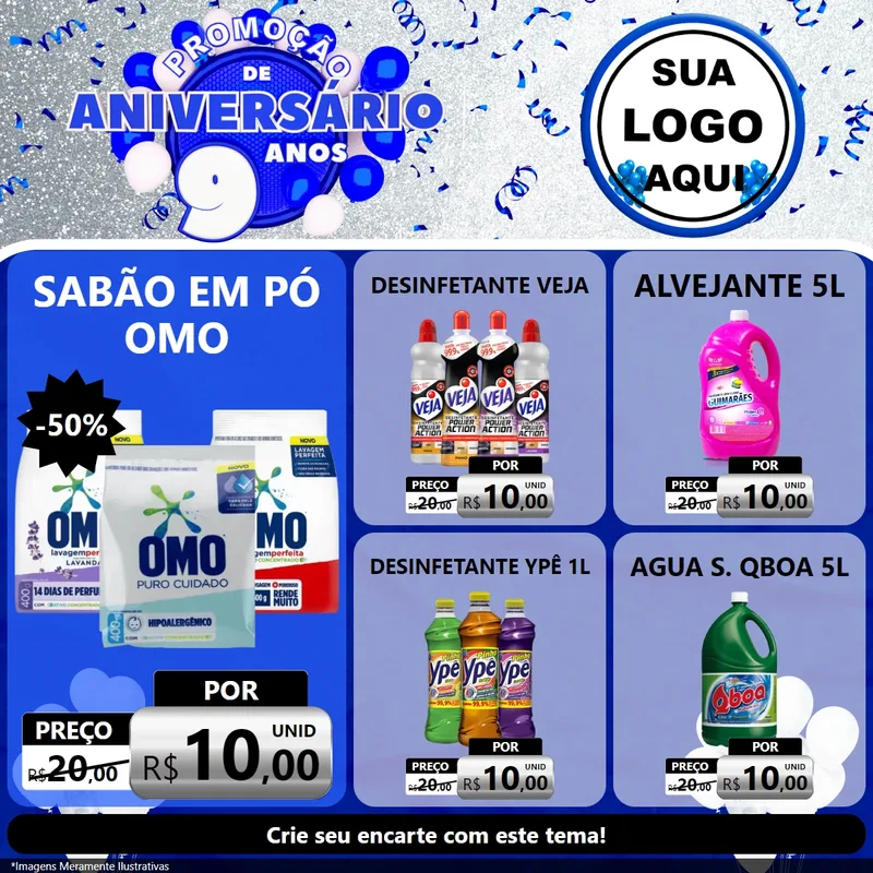 Modelo de Rede Social para Feed Facebook com o tema Promoção de Aniversário - 9 Anos para Produtos de Limpeza