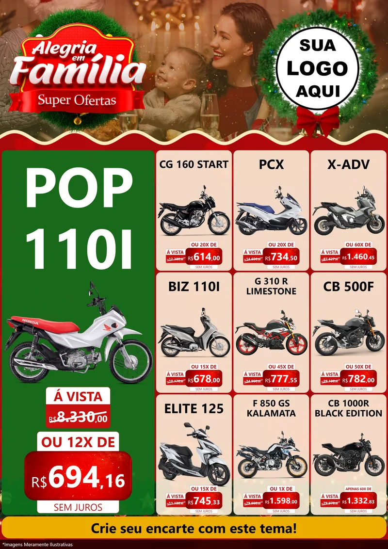 Modelo de Encarte para Encarte A4 Vertical com o tema Alegria Em Família - Super Ofertas para Concessionaria de Motos