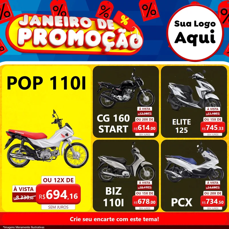 Modelo de Rede Social para Feed Facebook com o tema Janeiro de Promoção para Concessionaria de Motos
