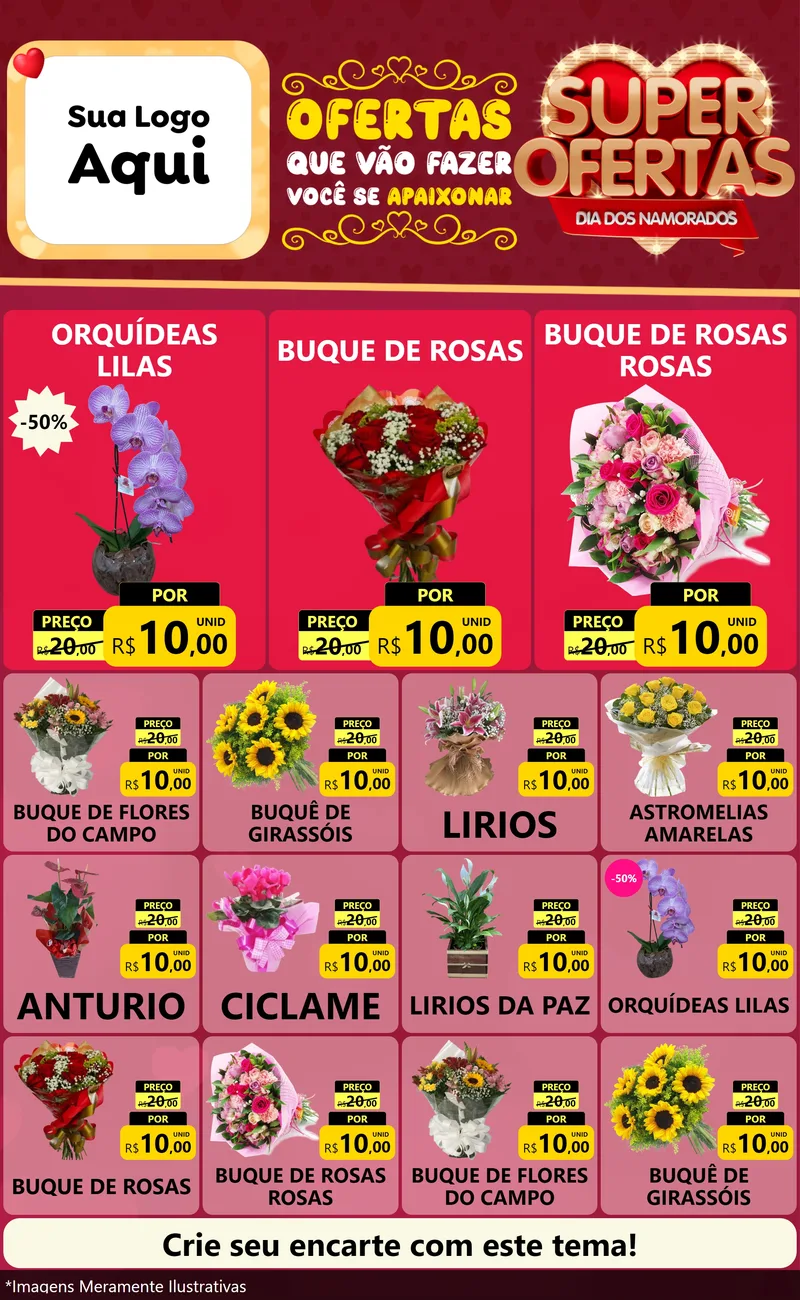 Modelo de Encarte para Encarte Grande com o tema Dia dos Namorados para Floricultura e jardim