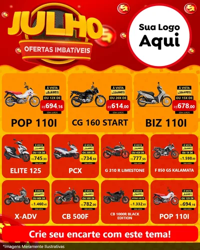 Modelo de Rede Social para Feed Instagram com o tema Julho Ofertas Imbatíveis para Concessionaria de Motos