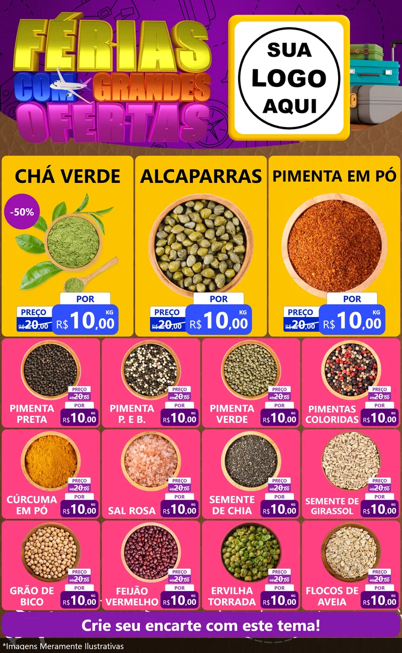 Modelo de Encarte para Encarte Grande com o tema Férias com Grandes Ofertas para Produtos Naturais