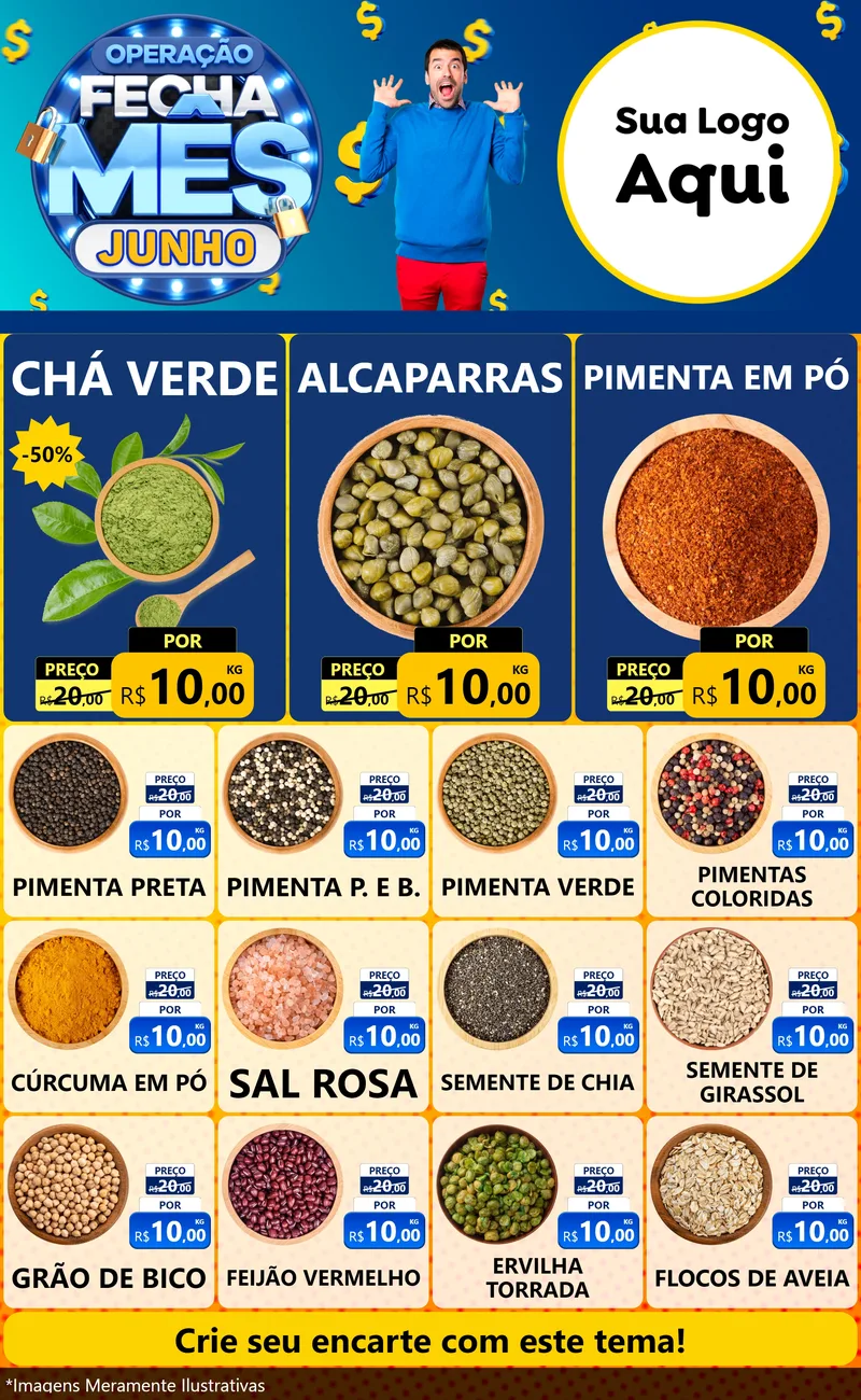 Modelo de Encarte para Encarte Grande com o tema Operação Fecha Mês, Junho para Produtos Naturais