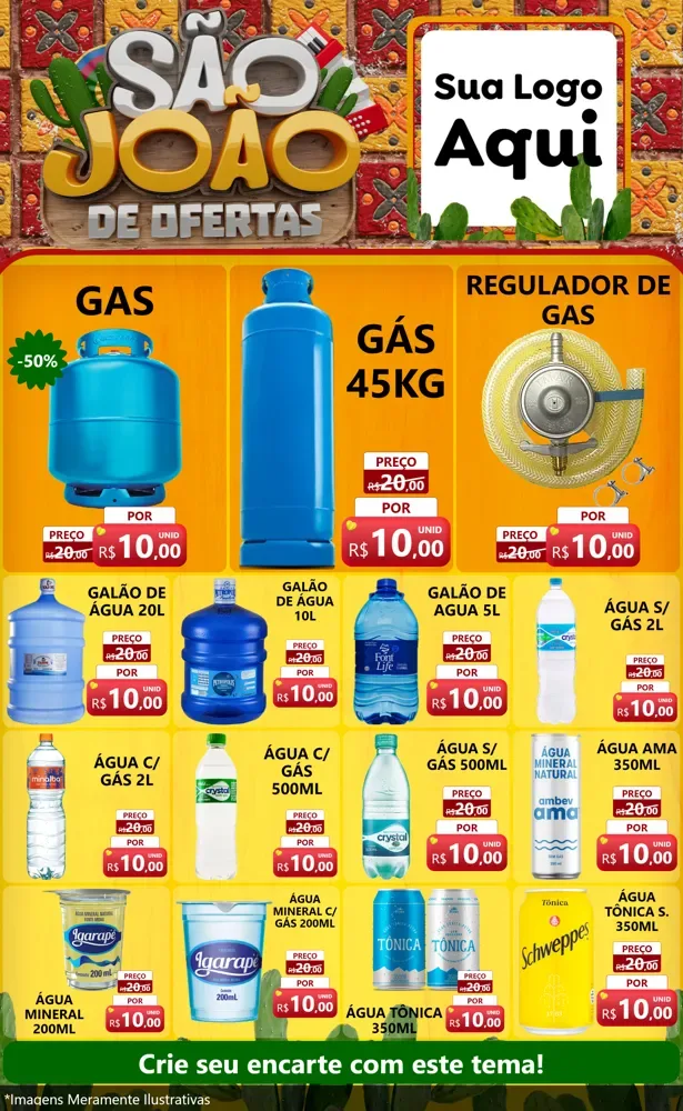 Modelo de Encarte para Encarte Grande com o tema São João de Muitas Ofertas - Junina para Água e gás
