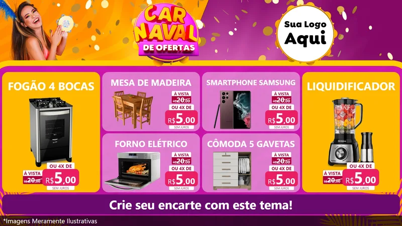 Modelo de TV para TV Horizontal com o tema Carnaval de Ofertas para Móveis e Eletro