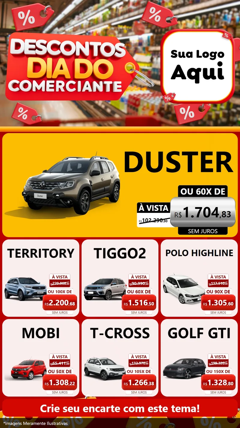 Modelo de Rede Social para Stories com o tema Descontos Dia do Comerciante para Concessionaria de Carros