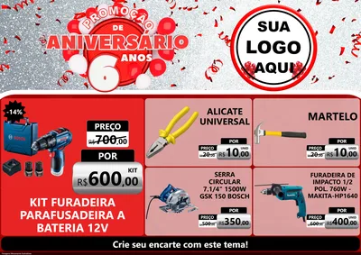 Modelo de Encarte para Encarte A4 Horizontal com o tema Promoção de Aniversário - 6 Anos para Maquinas e Ferramentas