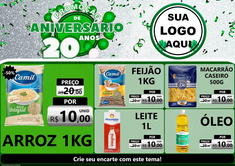 Modelo de Encarte para Encarte A4 Horizontal com o tema Promoção de Aniversário - 20 Anos para Supermercado