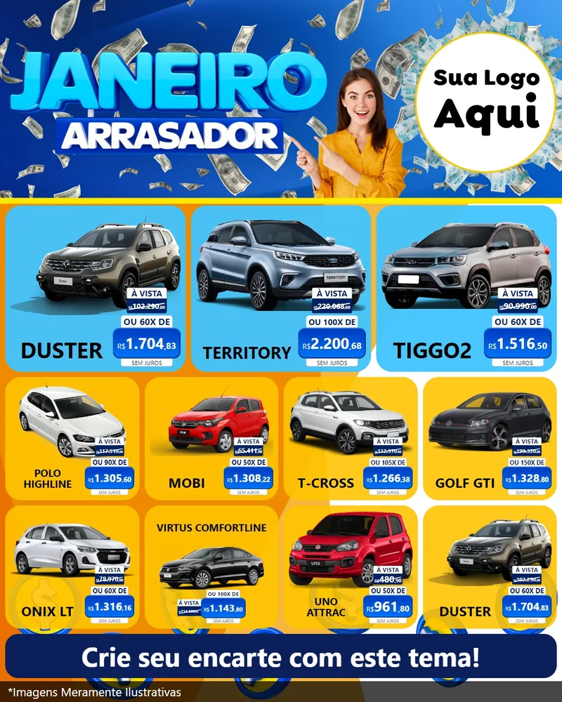 Modelo de Rede Social para Feed Instagram com o tema Janeiro Arrasador para Concessionaria de Carros