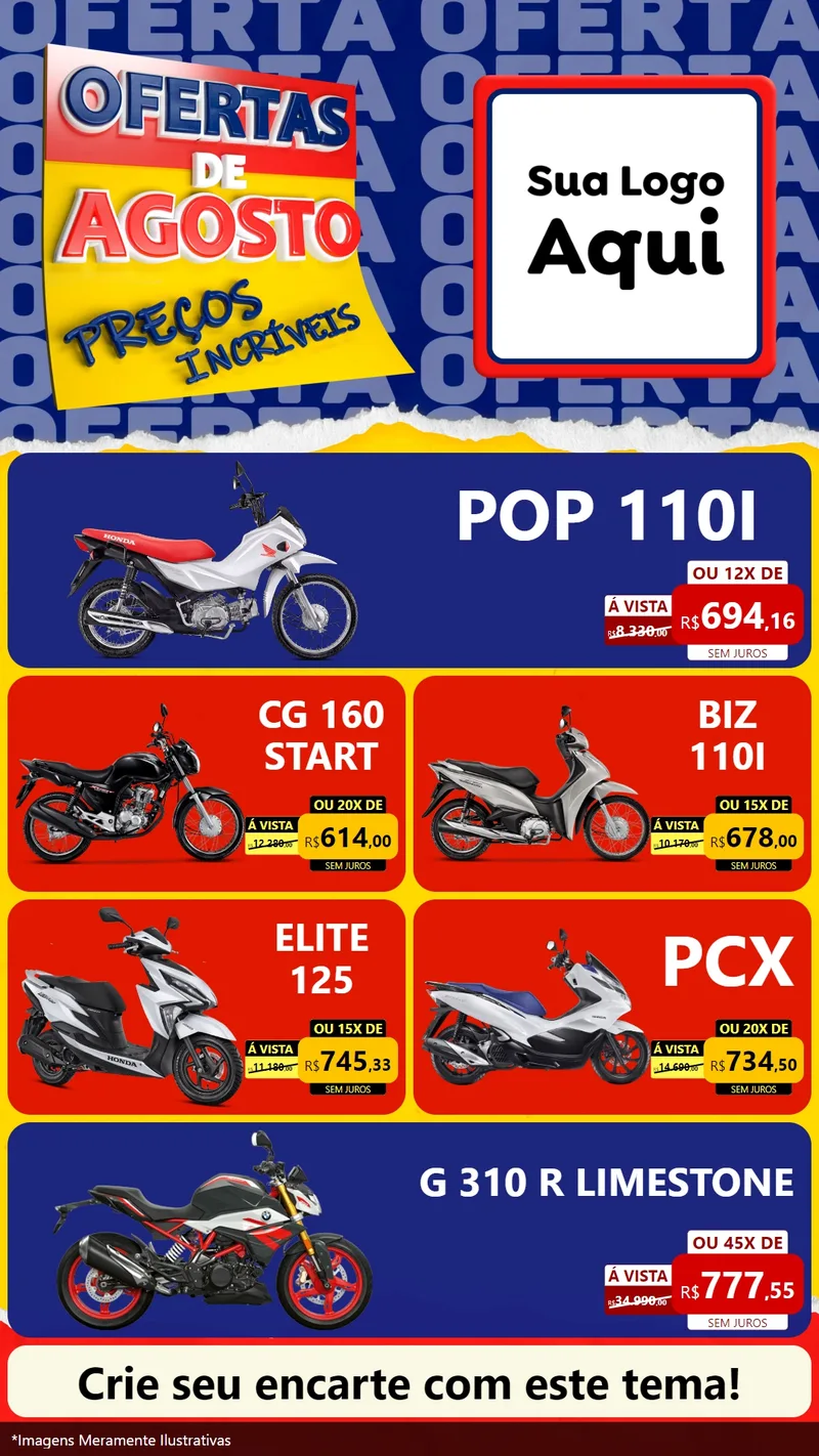 Modelo de TV para TV Vertical com o tema Ofertas de Agosto - Preços Incríveis para Concessionaria de Motos