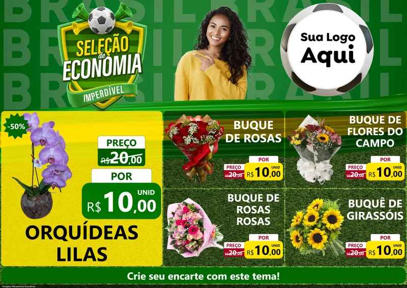 Modelo de Encarte para Encarte A4 Horizontal com o tema Seleção de Economia - Copa para Floricultura e jardim