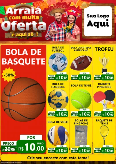 Modelo de Encarte para Encarte A4 Vertical com o tema Arraiá Com Muita Oferta - É Aqui Sô! para Artigos Esportivos