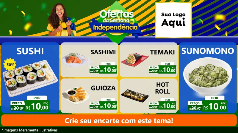 Modelo de TV para TV Horizontal com o tema Ofertas da Semana da Independência para Comida japonesa