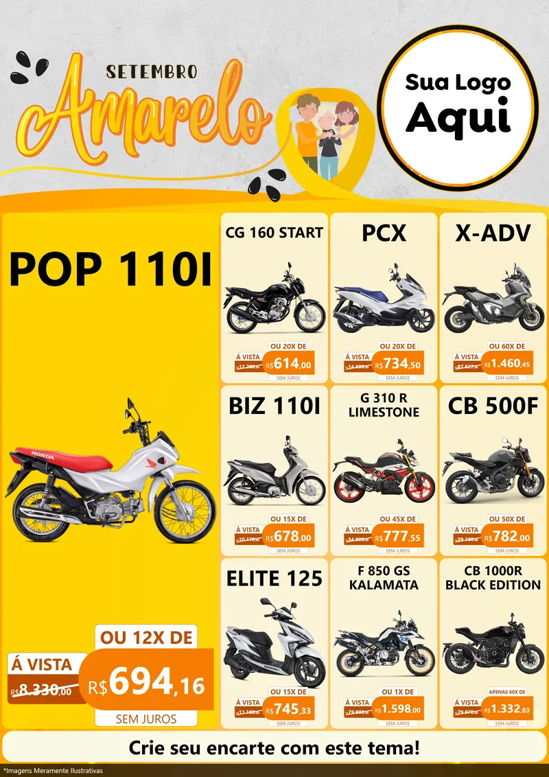 Modelo de Encarte para Encarte A4 Vertical com o tema Setembro Amarelo para Concessionaria de Motos