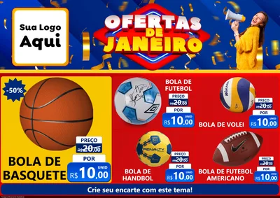 Modelo de Encarte para Encarte A4 Horizontal com o tema Ofertas de Janeiro para Artigos Esportivos