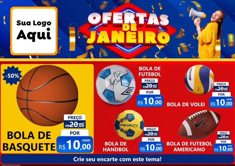 Modelo de Encarte para Encarte A4 Horizontal com o tema Ofertas de Janeiro para Artigos Esportivos
