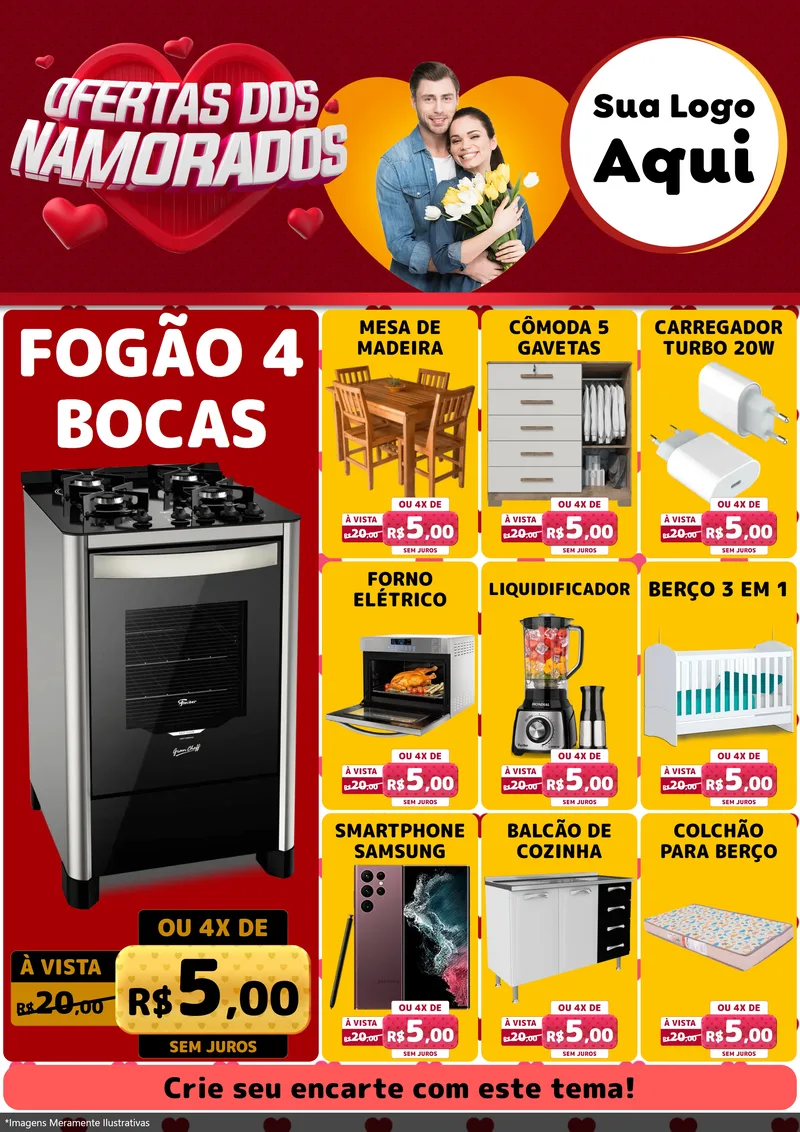 Modelo de Encarte para Encarte A4 Vertical com o tema Ofertas Dos Namorados para Móveis e Eletro