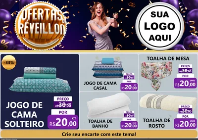 Modelo de Encarte para Encarte A4 Horizontal com o tema Ofertas de Réveillon para Cama, Mesa e Banho