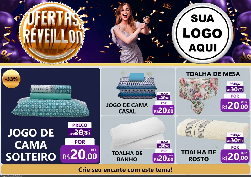 Modelo de Encarte para Encarte A4 Horizontal com o tema Ofertas de Réveillon para Cama, Mesa e Banho