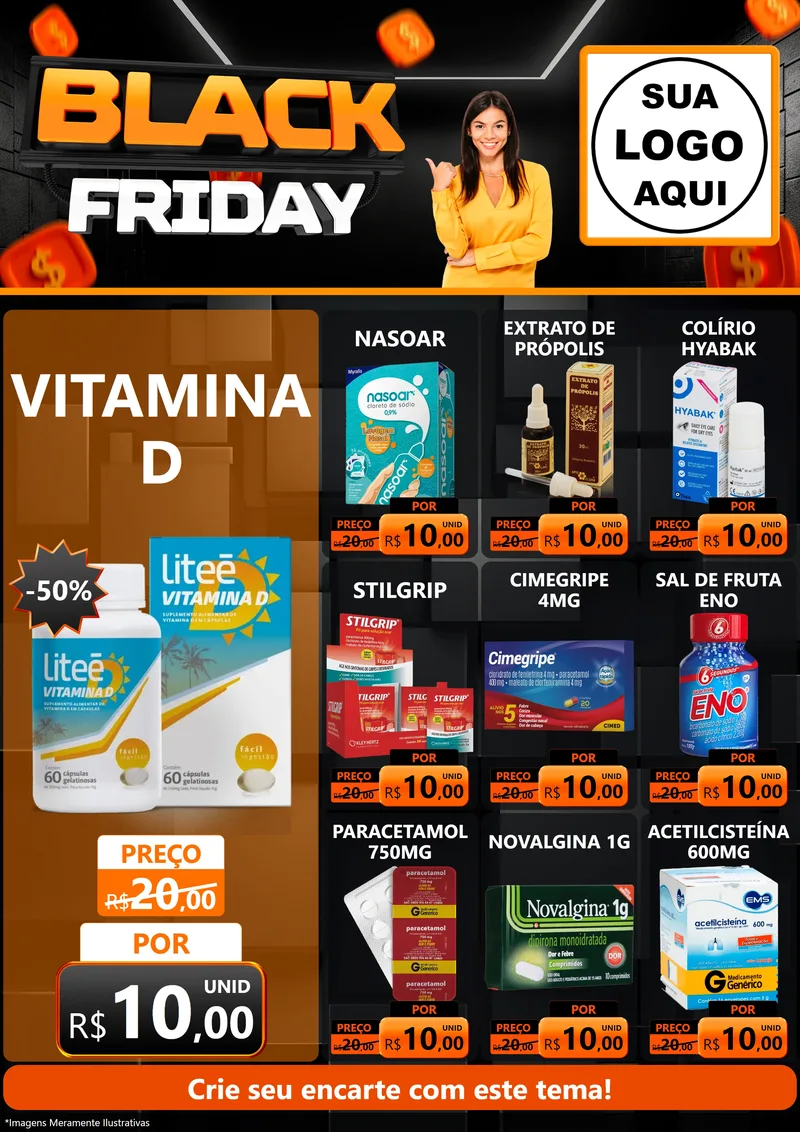 Modelo de Encarte para Encarte A4 Vertical com o tema Black Friday para Farmácia