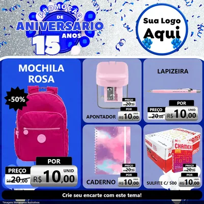 Modelo de Rede Social para Feed Facebook com o tema Promoção de Aniversário - 15 Anos para Papelaria