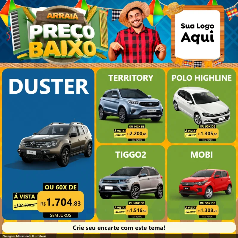 Modelo de Rede Social para Feed Facebook com o tema Arraiá de Preço Baixo - Junina para Concessionaria de Carros