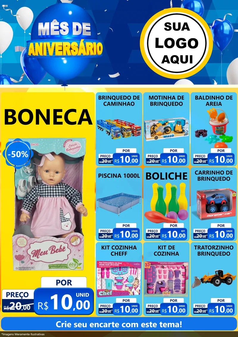 Modelo de Encarte para Encarte A4 Vertical com o tema Mês de Aniversário para Brinquedos