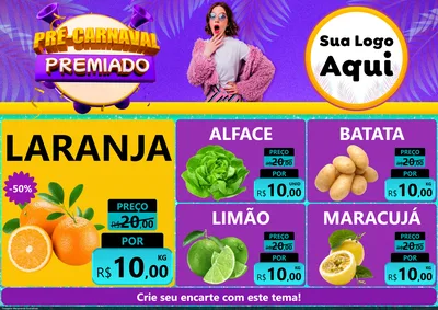 Modelo de Encarte para Encarte A4 Horizontal com o tema Pré-Carnaval Premiado para Hortifrúti